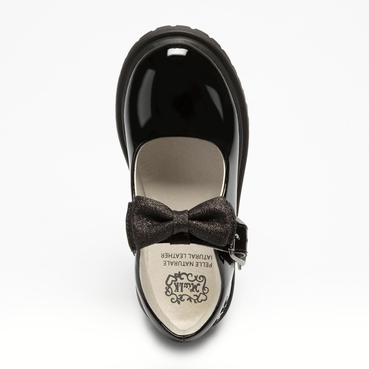 A girls chunky Mary Jane school shoe by Lelli Kelly, style LK8359 Mollie, in black patent leather with buckle fastening and detachable fabric bow. Above view.
