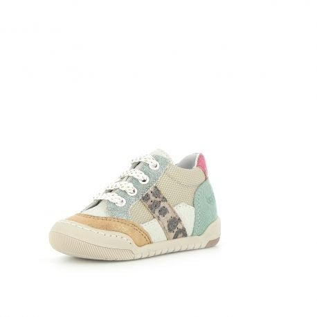 A girls mid trainer shoe by Bopy, style Jopa, in white with multi colour design and animal print. Zip and lace fastening. Angled view.