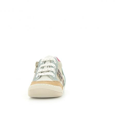 A girls mid trainer shoe by Bopy, style Jopa, in white with multi colour design and animal print. Zip and lace fastening. Front view.