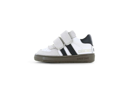 Shoesme Low Top Trainer in black white and beige with double Velcro strap and dark brown sole. Left side view