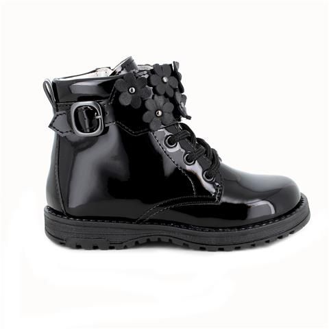 A black patent  ankle boot by Primigi, style 8913611 Serena, in black patent with flower detail and lace and zip fastening. Right side view.