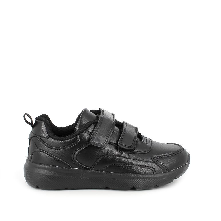 A boys casual  school shoe by Primigi, style  4954500, in black leather with double velcro fastening. Right side view.