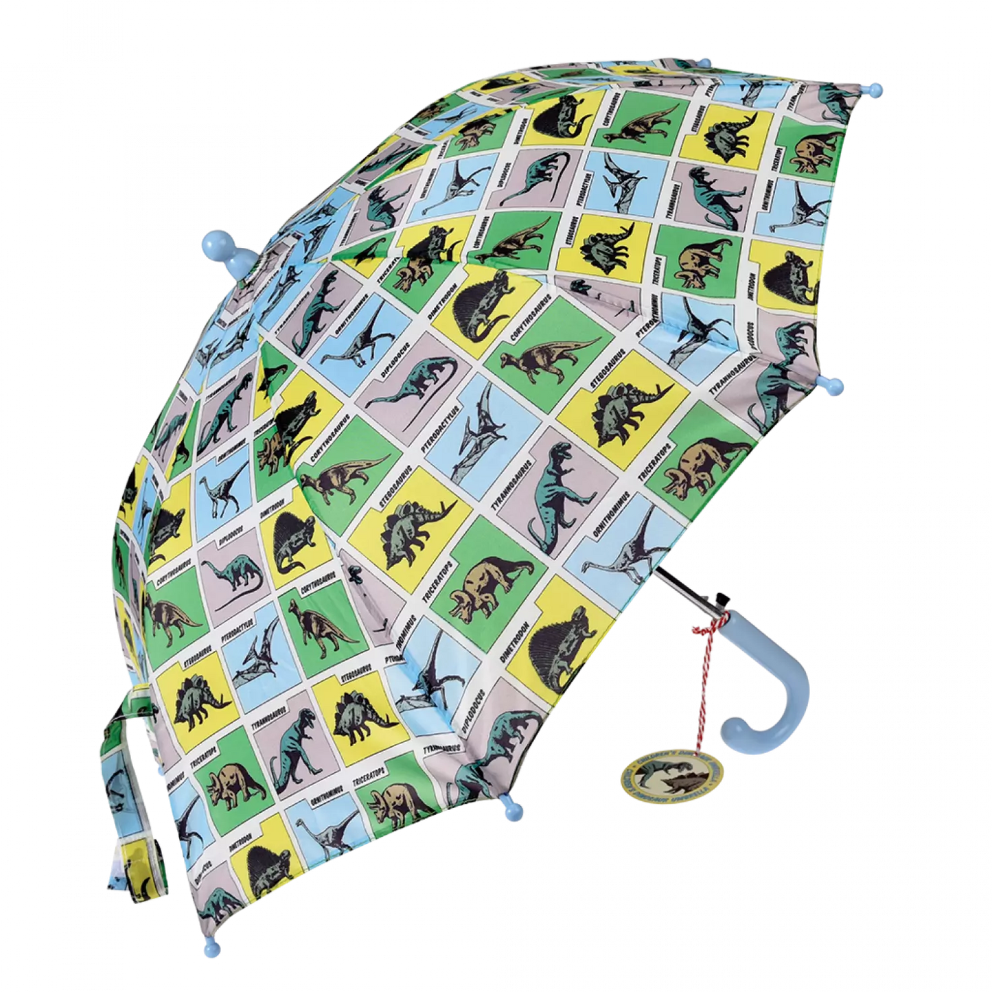 A childs umbrella by Rex London, style Prehistoric Land, in blue, green and yellow multi dino print and blue handle. Angled view of umbrella open.