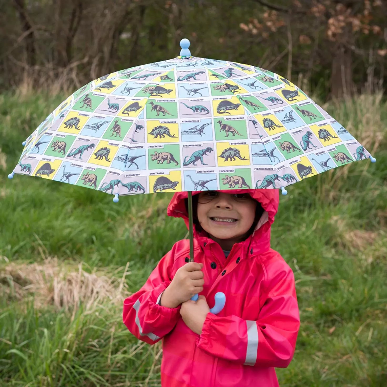 A childs umbrella by Rex London, style Prehistoric Land, in blue, green and yellow multi dino print and blue handle. Angled view of umbrella open. Lifestyle view.
