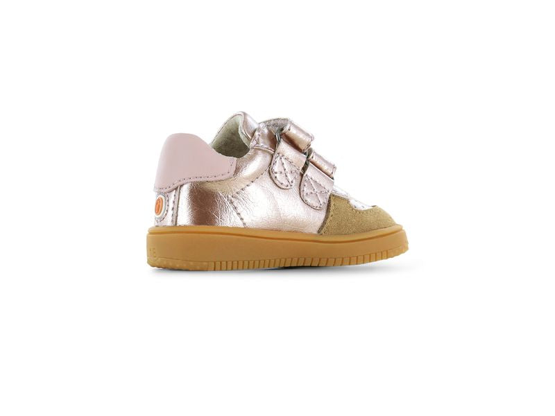 Shoesme Low Top Trainer in rose gold with leopard print stipes, double Velcro strap and a gum sole. Inner left side view 