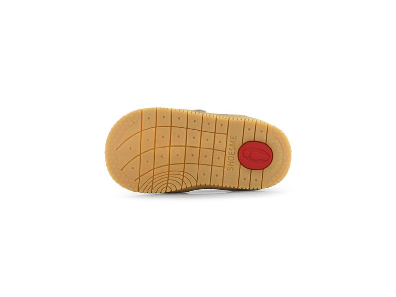 Shoesme Low Top Trainer in rose gold with leopard print stipes, double Velcro strap and a gum sole. View of sole. 