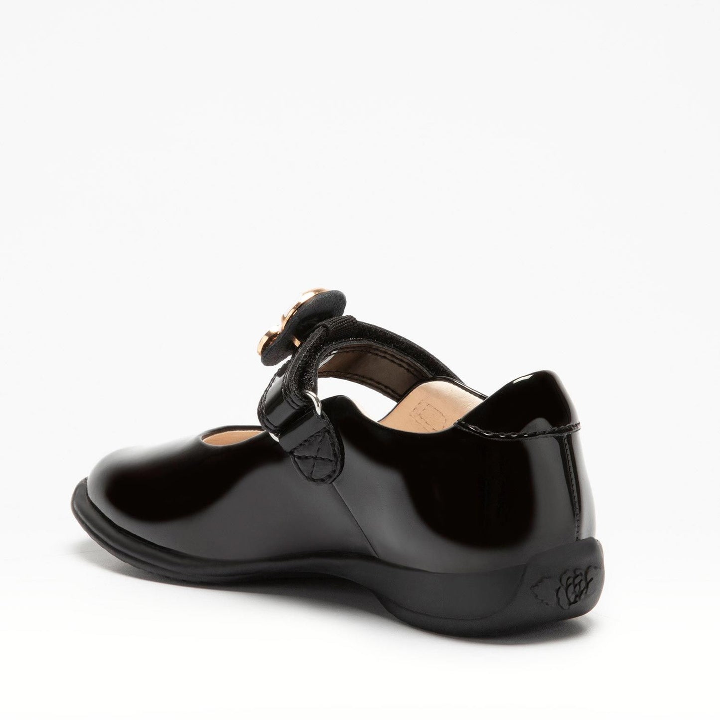 A girls Mary Jane school shoe by Lelli Kelly, style LK8119 Ella, in black patent leather with velcro fastening and detachable gold/white pumpkin carriage. Angled view.