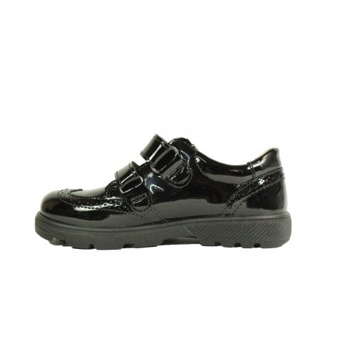 A girls school shoe by Ricosta, style Avery in black patent with two velcro straps, one with flower detail. Inner right side view