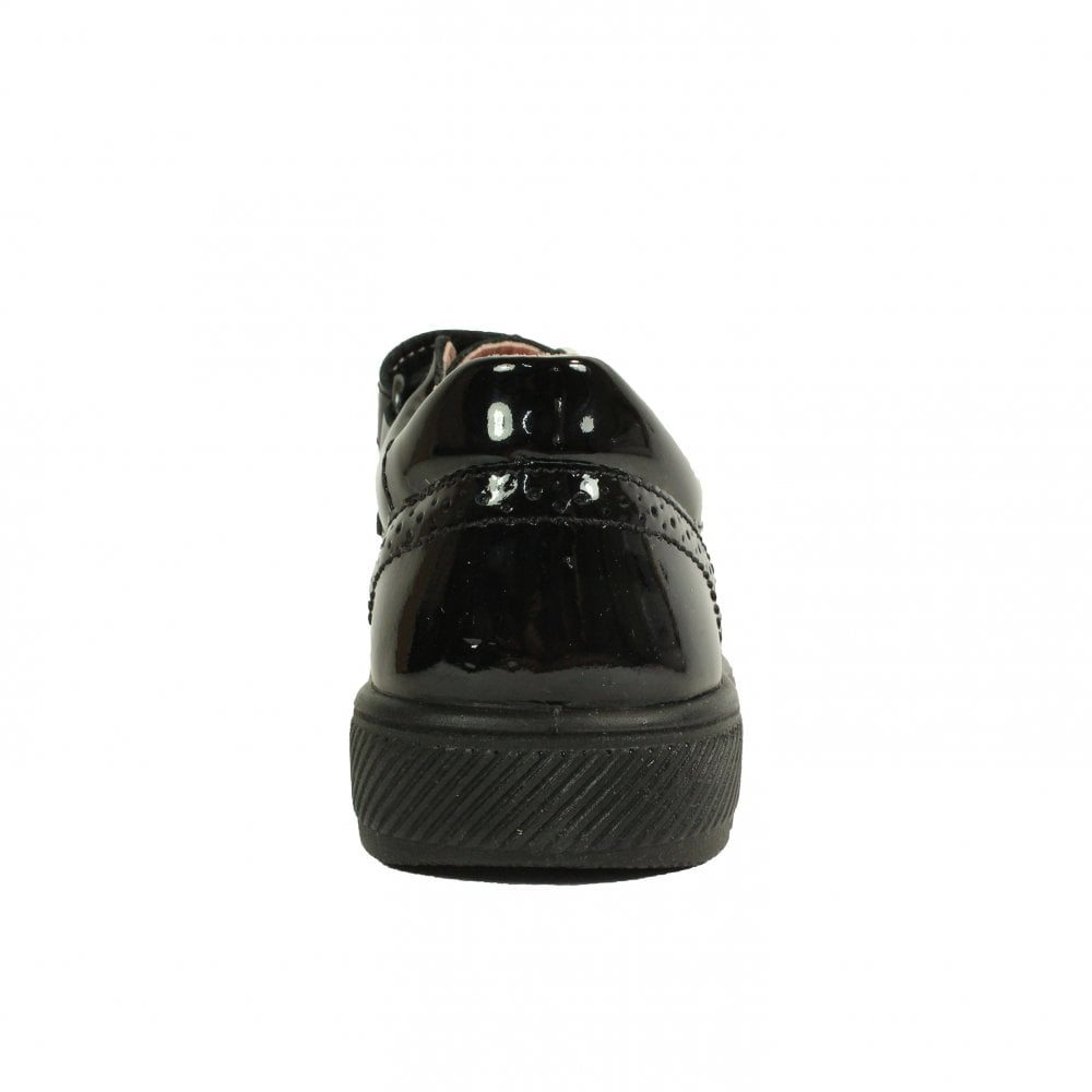 A girls school shoe by Ricosta, style Avery in black patent with two velcro straps, one with flower detail. Back view