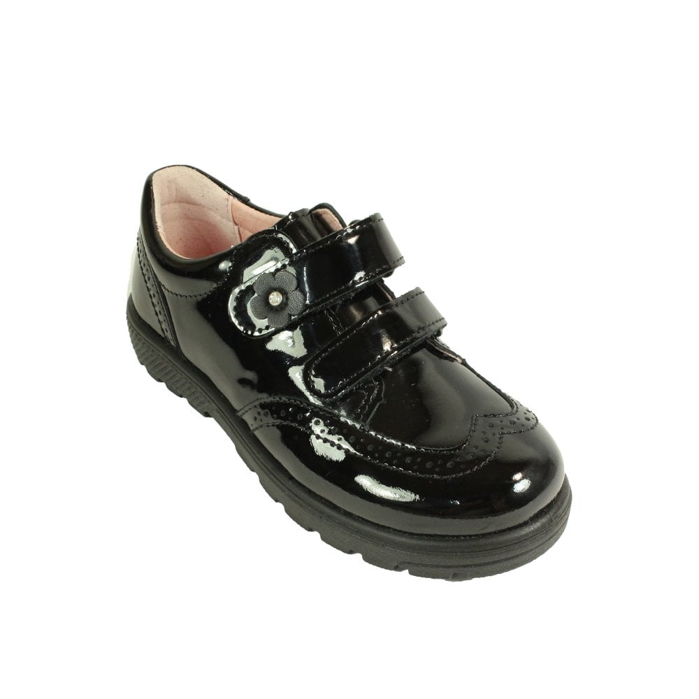A girls school shoe by Ricosta, style Avery in black patent with two velcro straps, one with flower detail. Angled front view