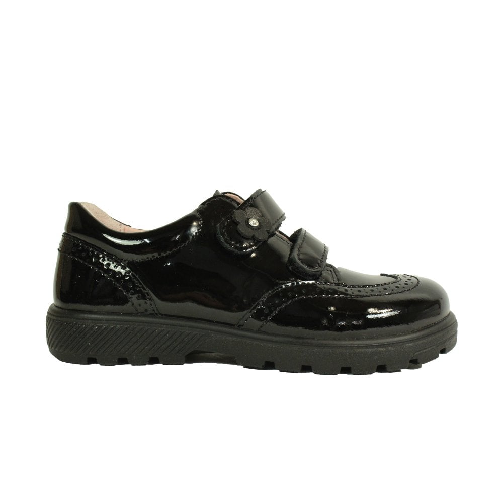 A girls school shoe by Ricosta, style Avery in black patent with two velcro straps, one with flower detail. Right side view