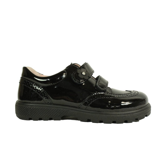 A girls school shoe by Ricosta, style Avery in black patent with two velcro straps, one with flower detail. Right side view