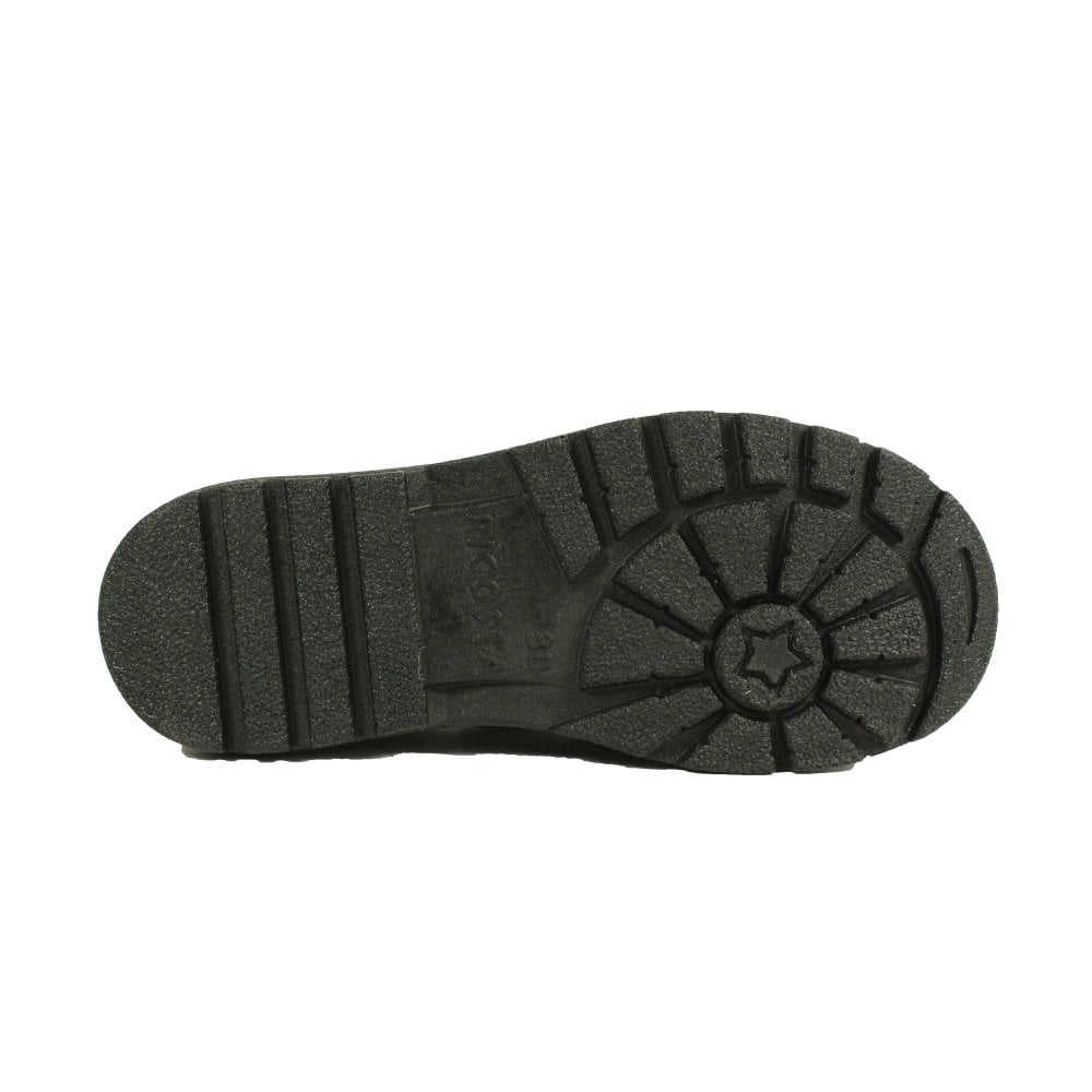 A girls school shoe by Ricosta, style Avery in black patent with two velcro straps, one with flower detail. View of sole with star design on