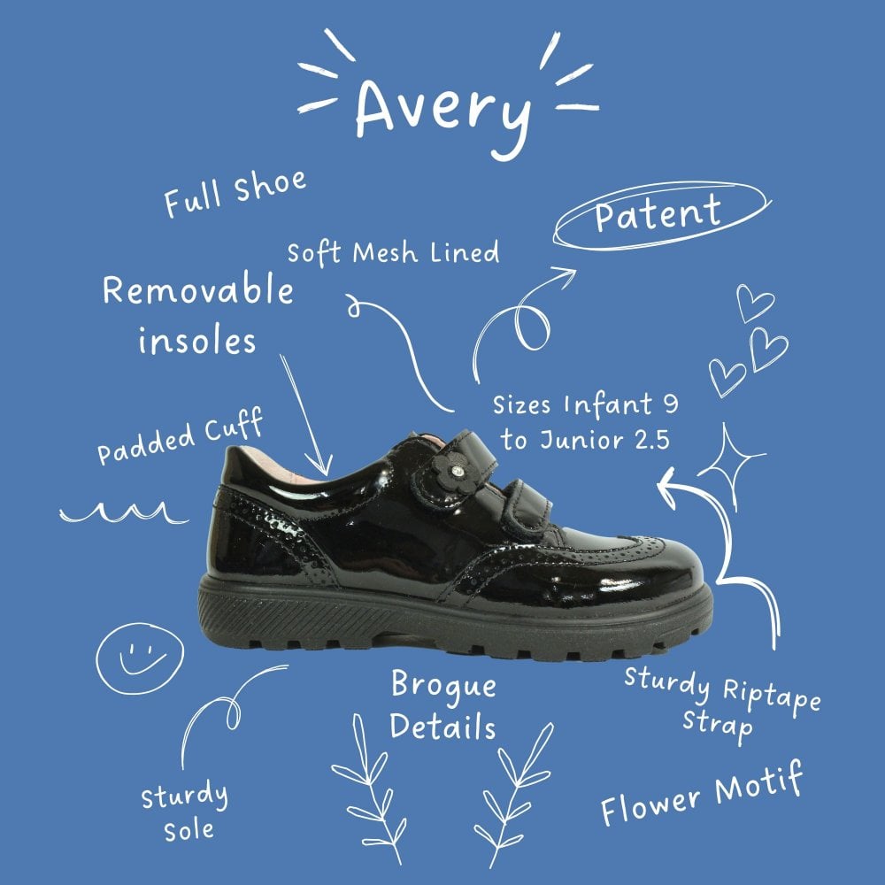 A girls school shoe by Ricosta, style Avery in black patent with two velcro straps, one with flower detail. Image of shoe on blue background with white writing describing features of the shoe