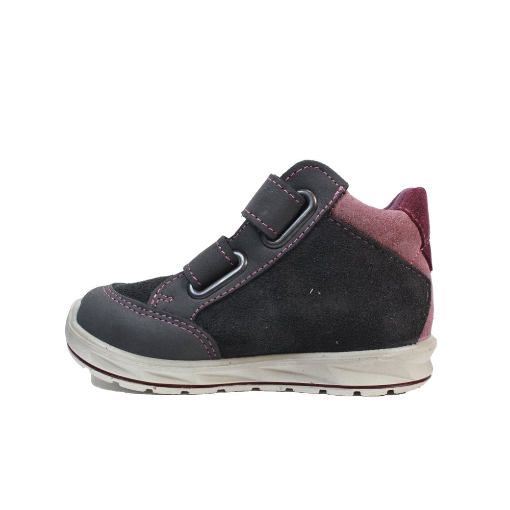 A girls waterproof ankle boot by Ricosta, style Kimi, double velcro fastening in purple and grey with pink star detail. Right inner side view. 