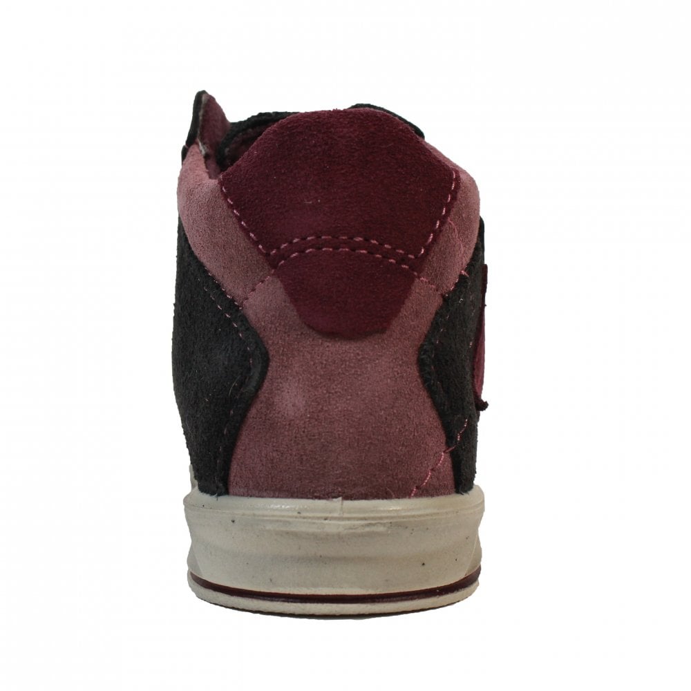 A girls waterproof ankle boot by Ricosta, style Kimi, double velcro fastening in purple and grey with pink star detail. View of the back.