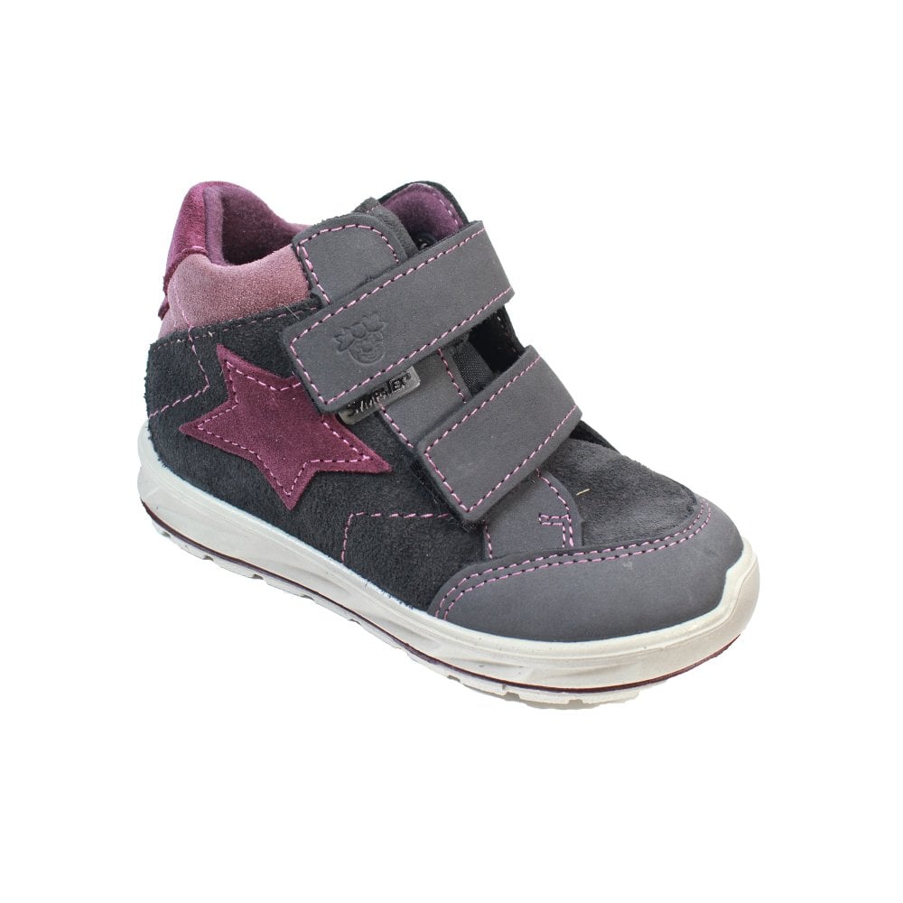 A girls waterproof ankle boot by Ricosta, style Kimi, double velcro fastening in purple and grey with pink star detail. Angled view .