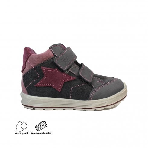 A girls waterproof ankle boot by Ricosta, style Kimi,double velcro fastening in purple and grey with pink star detail. Right side view.