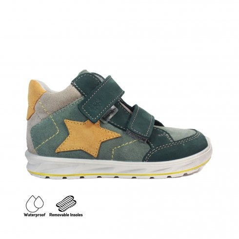 A waterproof ankle boot by Ricosta, style Kimi, in green and grey with mustard star detail. Double velcro fastening. Right side view.