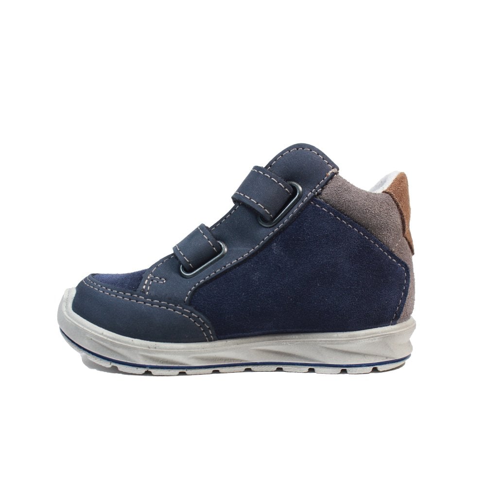A boys waterproof ankle boot by Ricosta, style Kimi, double velcro fastening in navy with tan star detail. Right inner side view.
