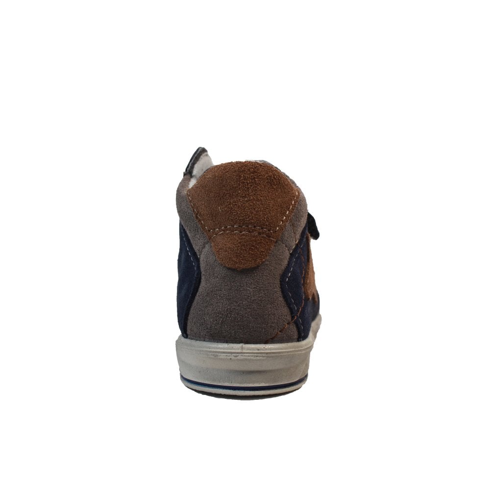A boys waterproof ankle boot by Ricosta, style Kimi, double velcro fastening in navy with tan star detail. View of the back.