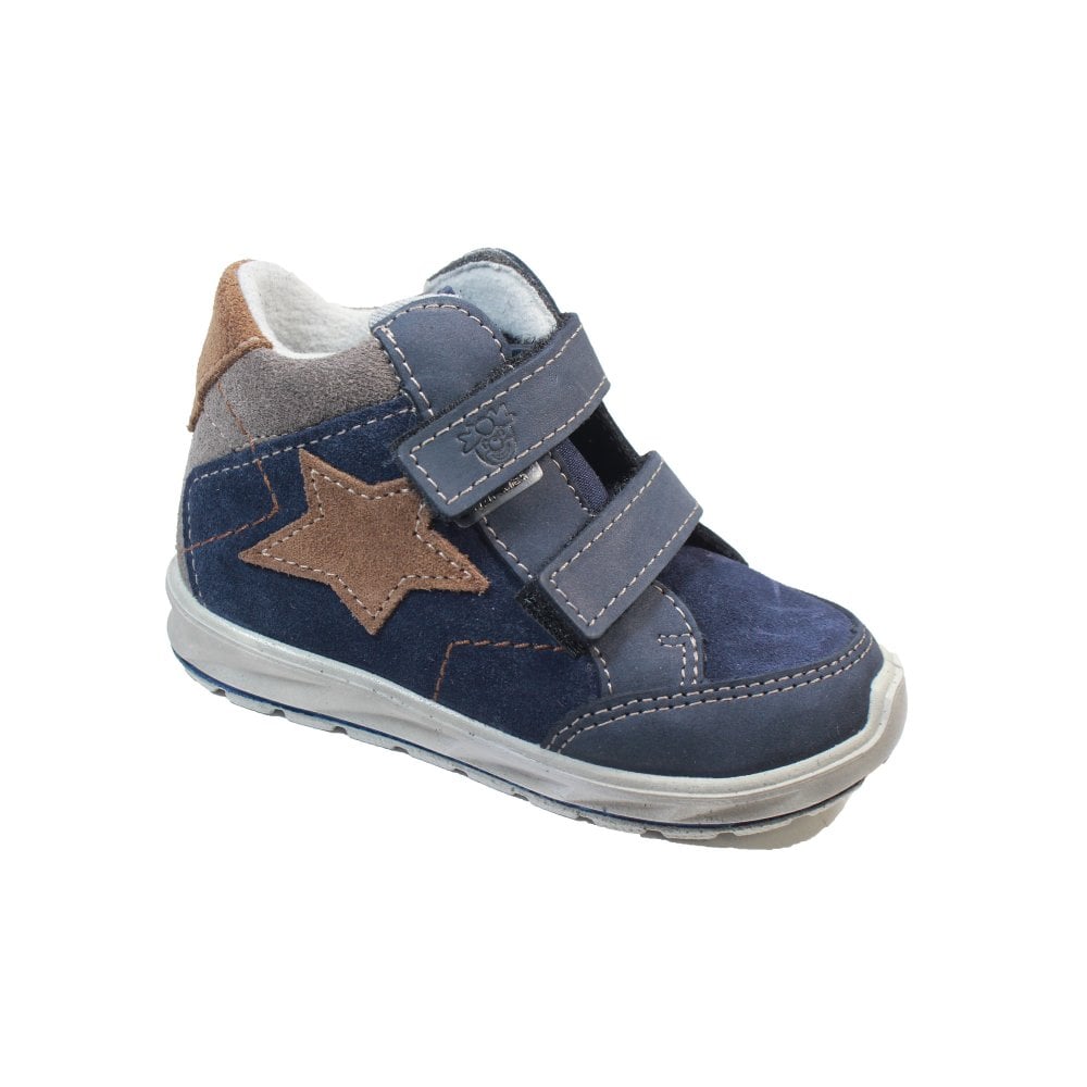 A boys waterproof ankle boot by Ricosta, style Kimi, double velcro fastening in navy with tan star detail. Right angled view.