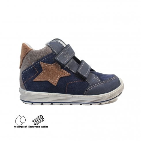 A boys ankle boot by Ricosta, style Kimi , double velcro fastening in navy with tan star detail. Right side view.
