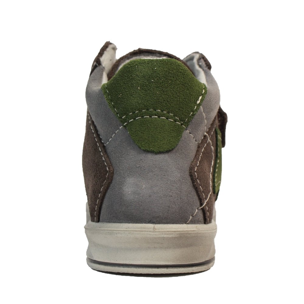 A boys waterproof ankle boot by Ricosta, style Kimi, double velcro fastening in brown with green star detail. View of the back.