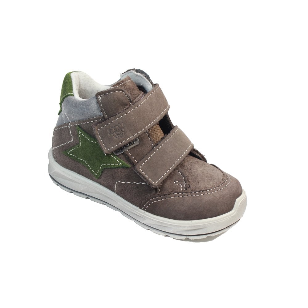 A boys waterproof ankle boot by Ricosta, style Kimi, double velcro fastening in brown with green star detail. Angled view.