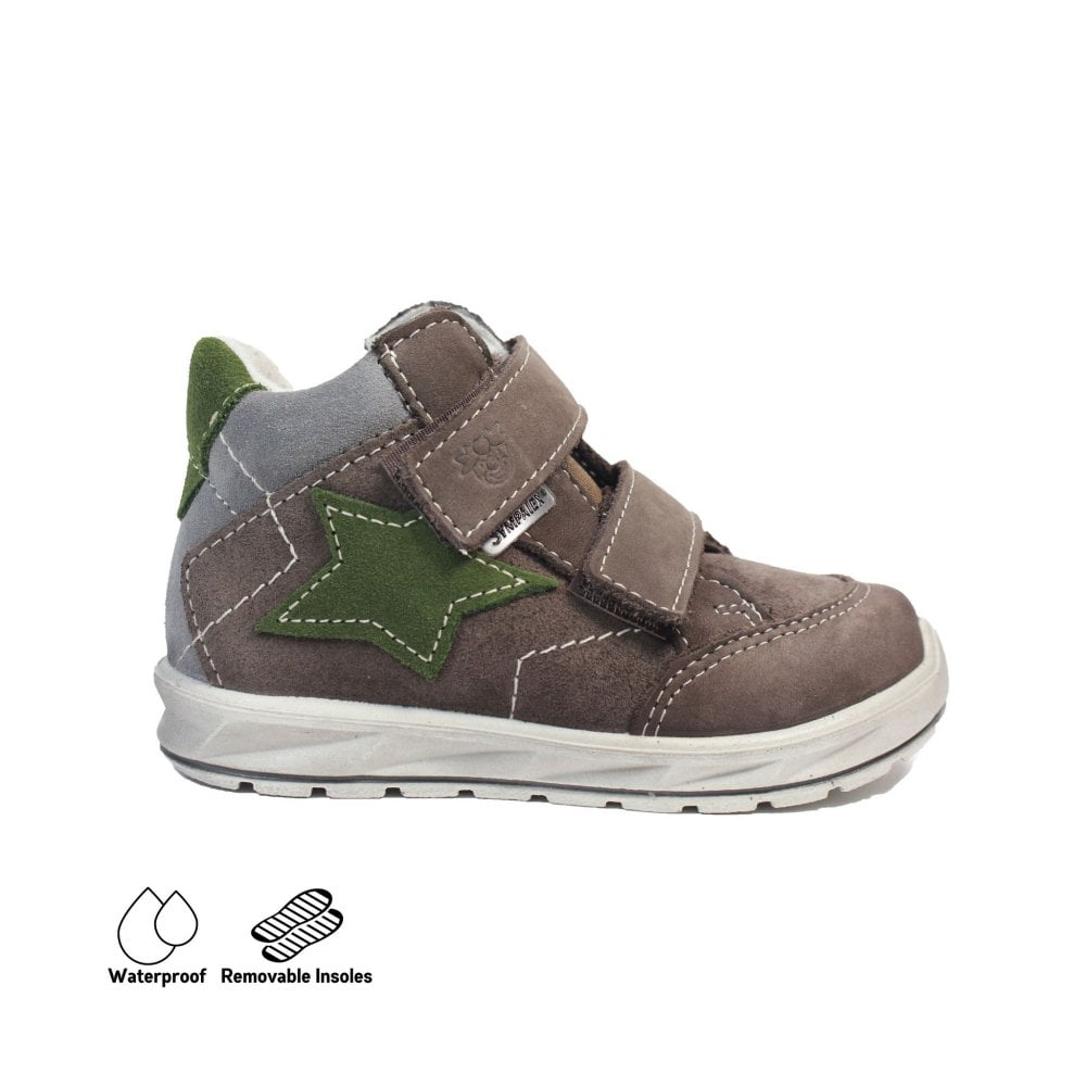 A boys waterproof ankle boot by Ricosta, style Kimi, double velcro fastening in brown with green star detail. Right side view.