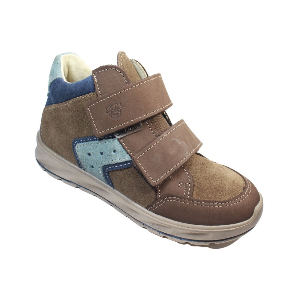 A boys waterproof ankle boot by Ricosta, style Kimo, double velcro fastening in brown with light blue trim. Right angled view.