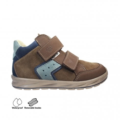 A boys waterproof ankle boot by Ricosta, style Kimo, double velcro fastening in brown with light blue trim. Right side view.
