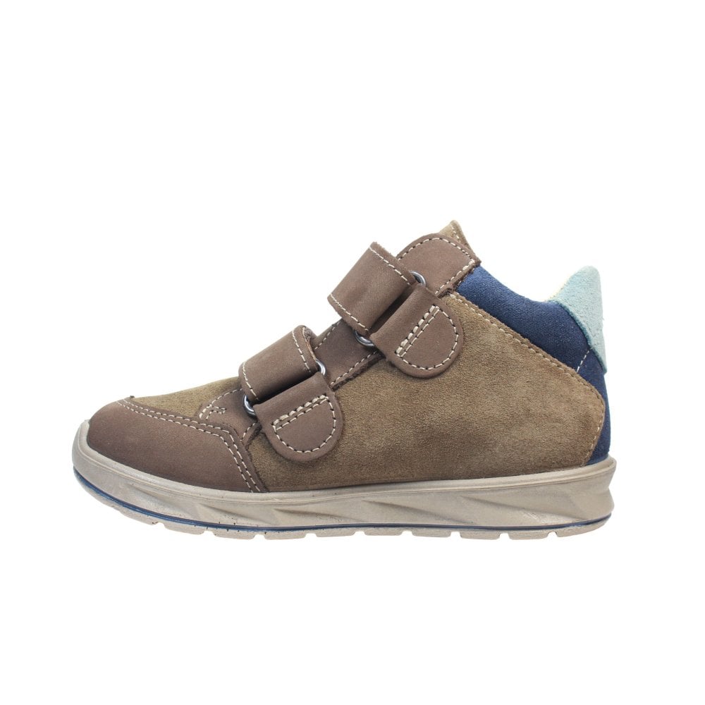 A boys waterproof ankle boot by Ricosta, style Kimo, double velcro fastening in brown with light blue trim. Right inner side view.