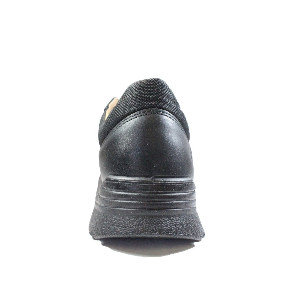 A boys lace up school shoe by Ricosta, style Nate in black leather with toe and heel bumpers and soft ankle cushioning. Back view