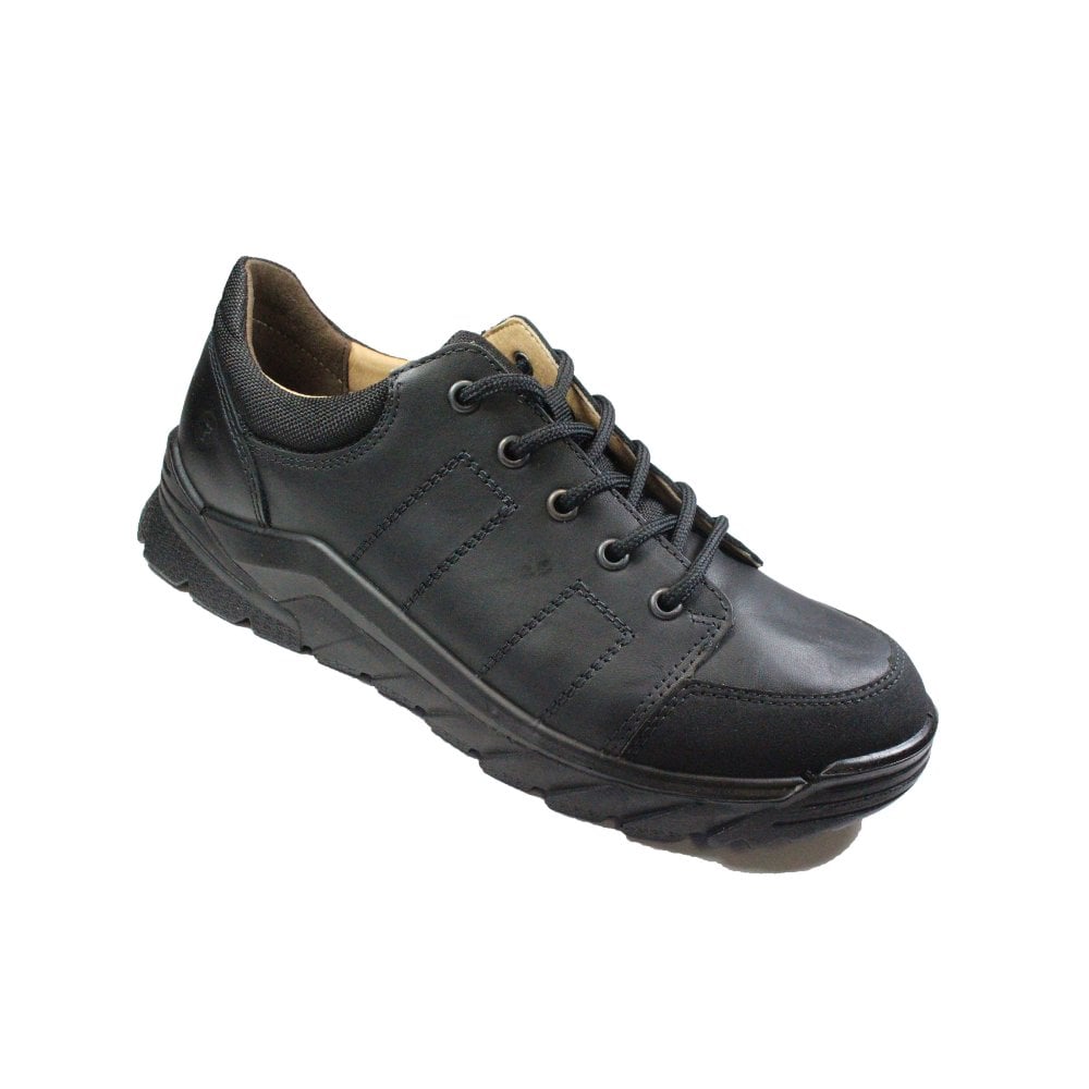 A boys lace up school shoe by Ricosta, style Nate in black leather with toe and heel bumpers and soft ankle cushioning. Tilted side view
