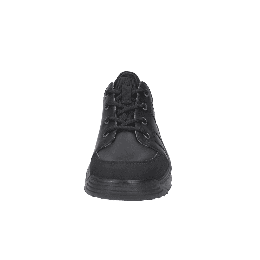 A boys lace up school shoe by Ricosta, style Nate in black leather with toe and heel bumpers and soft ankle cushioning. Front view