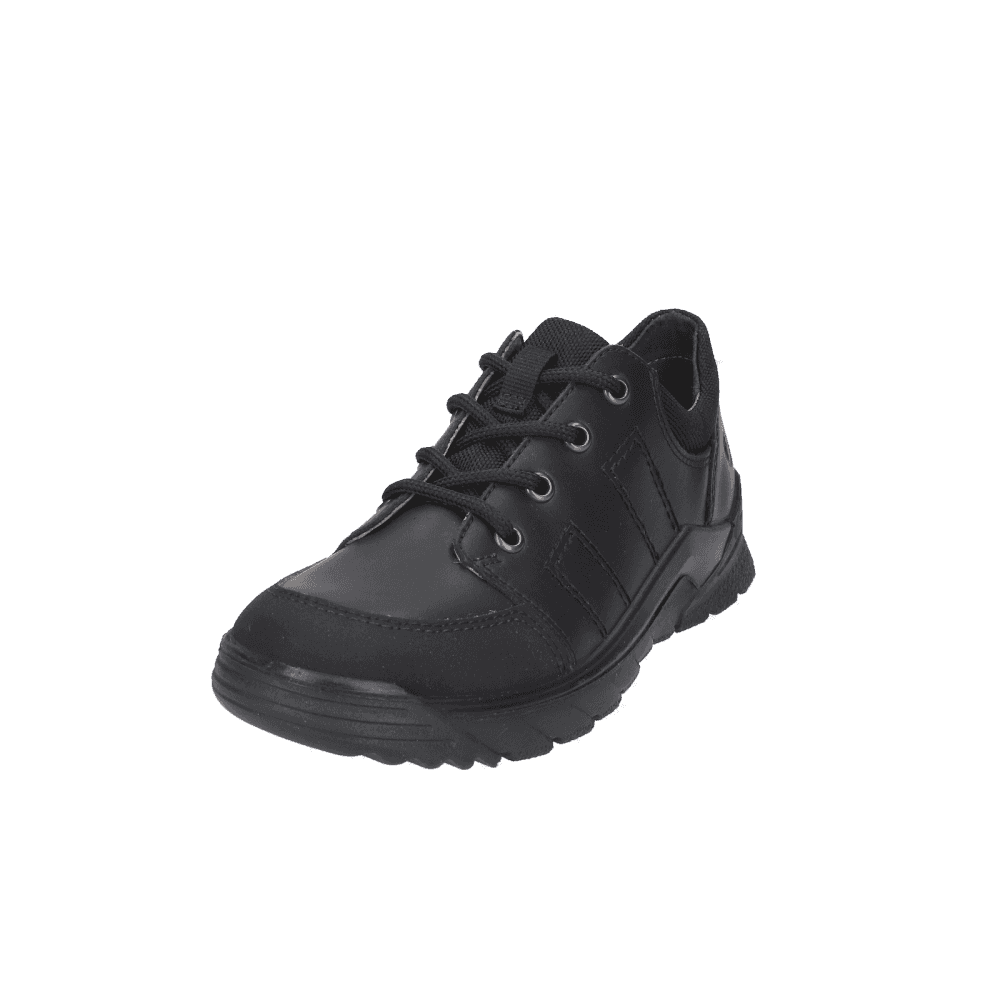 A boys lace up school shoe by Ricosta, style Nate in black leather with toe and heel bumpers and soft ankle cushioning. Angled front view
