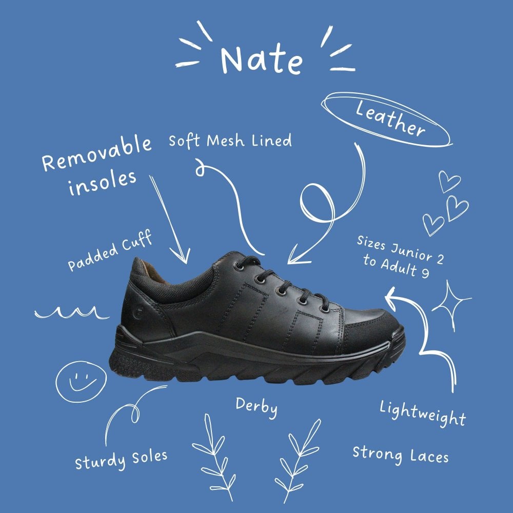 A boys lace up school shoe by Ricosta, style Nate in black leather with toe and heel bumpers and soft ankle cushioning. Image of shoe on blue background with white writing describing shoe features
