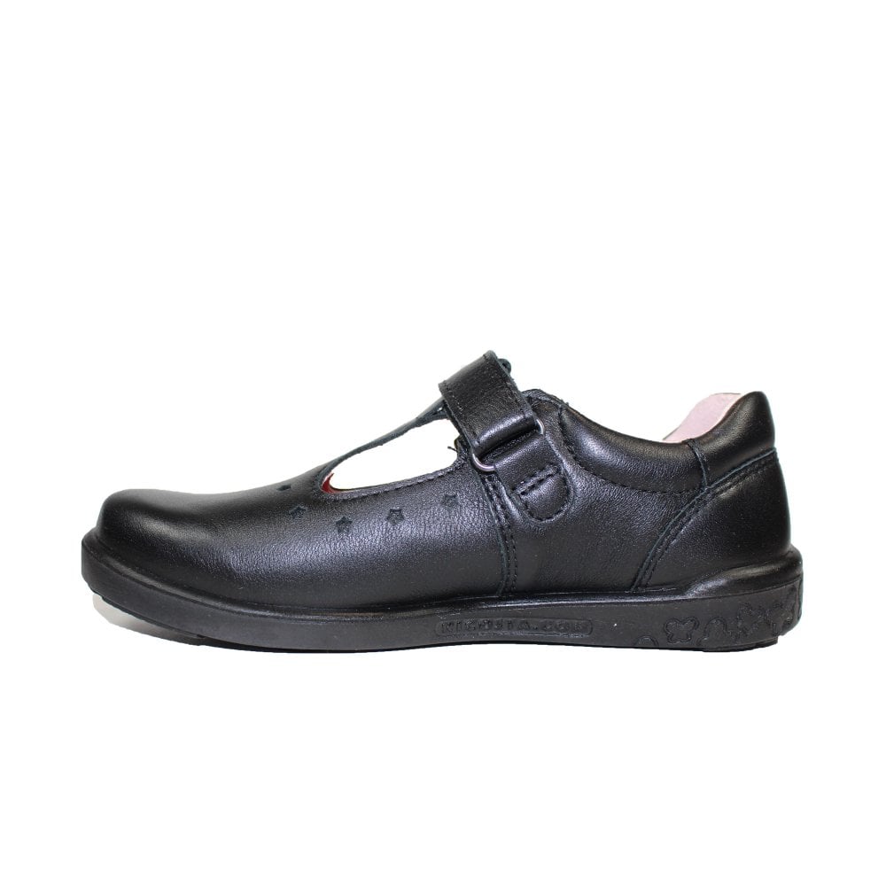 A girls t-bar school shoe by Ricosta, style Scarlett in black with velcro strap and star pattern on the front. Inner right side view
