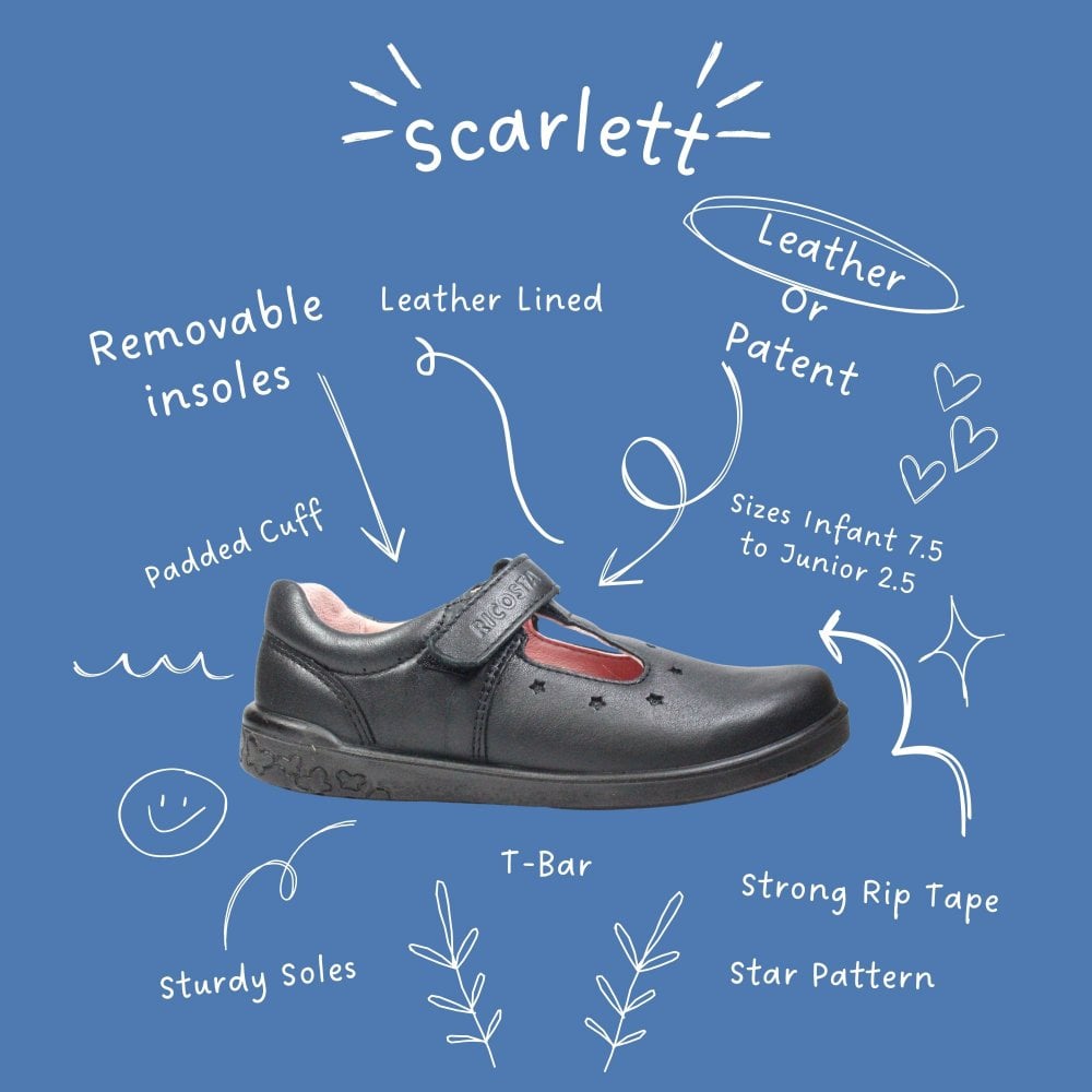 A girls t-bar school shoe by Ricosta, style Scarlett in black leather with velcro strap and star pattern on the front. Image of shoe on a blue background with white writing describing features of the shoe