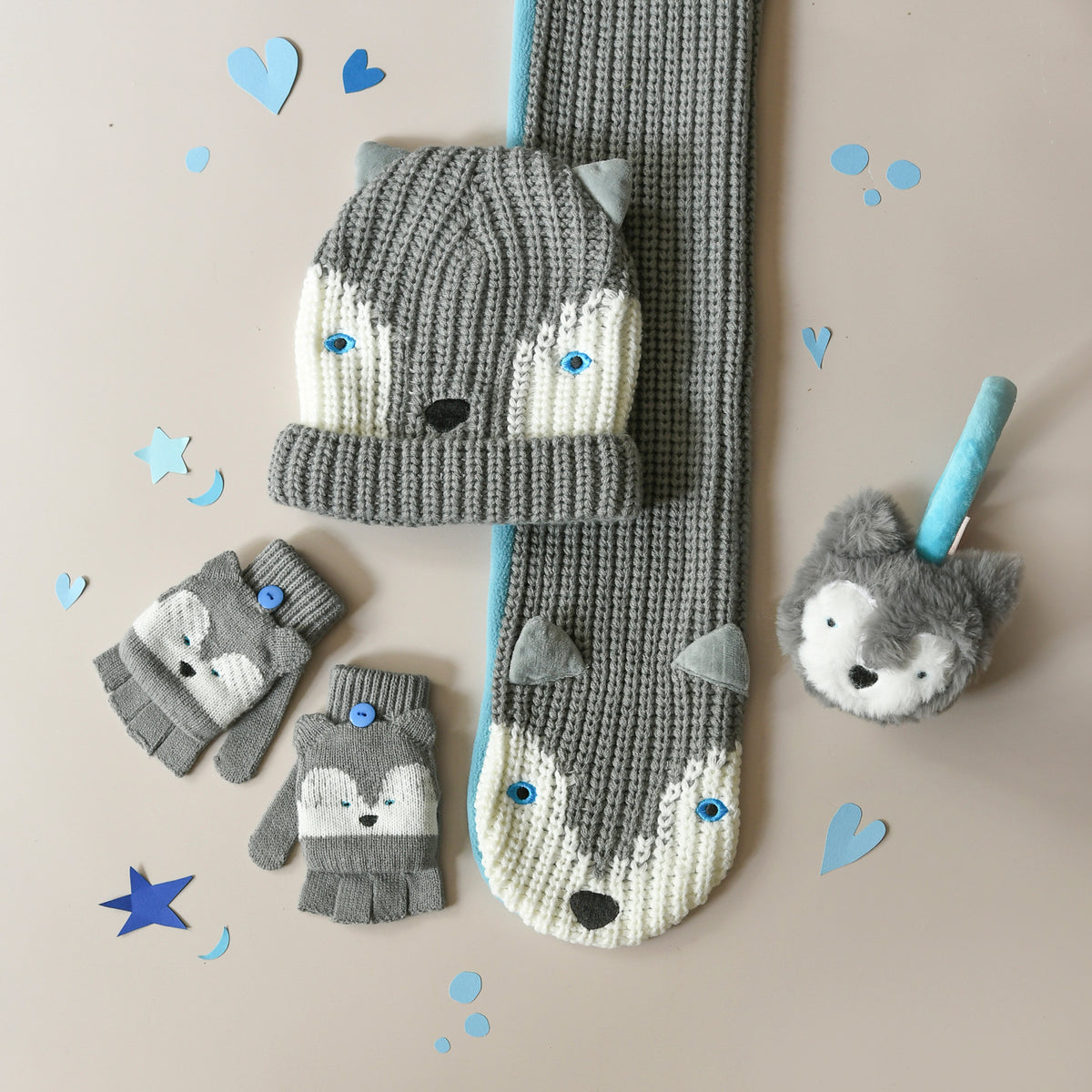 Set of grey knit hat, gloves, scarf and ear muffs with husky design by Rockahula. Front view