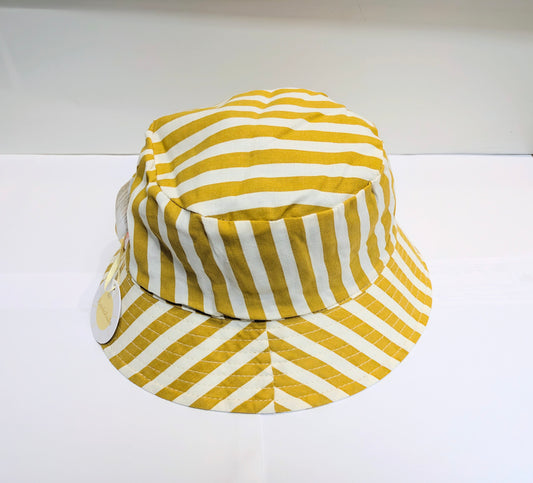 Yellow and white striped bucket hat by Rockahula on a white background