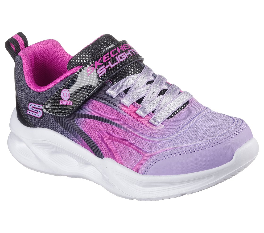 Pink and purple trainer with velcro strap and laces by Skechers. Front view