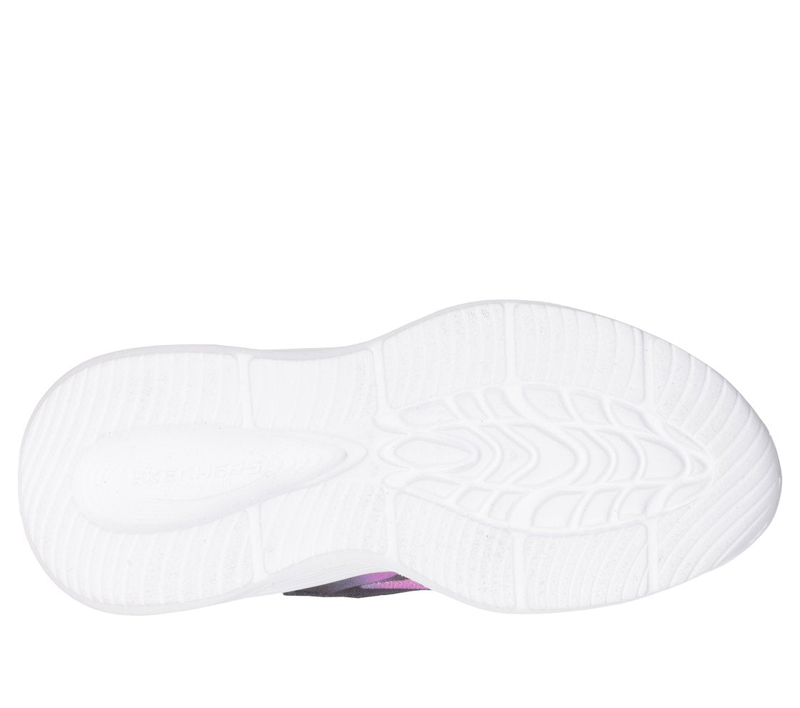 Pink and purple trainer by Skechers with white sole. View of bottom of sole