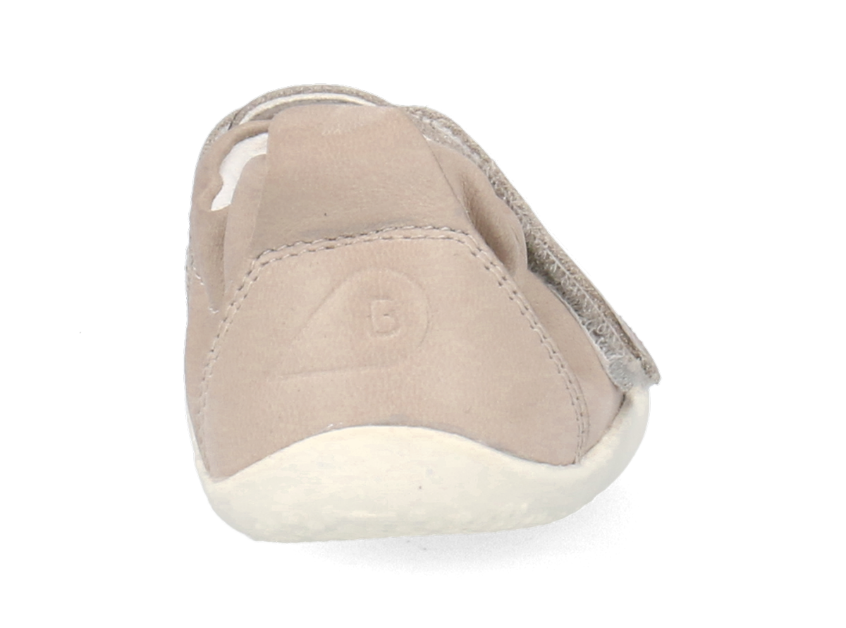 A unisex pre-walker by Bobux, style XP Marvel,in  taupe leather and suede with velcro strap. Back view.