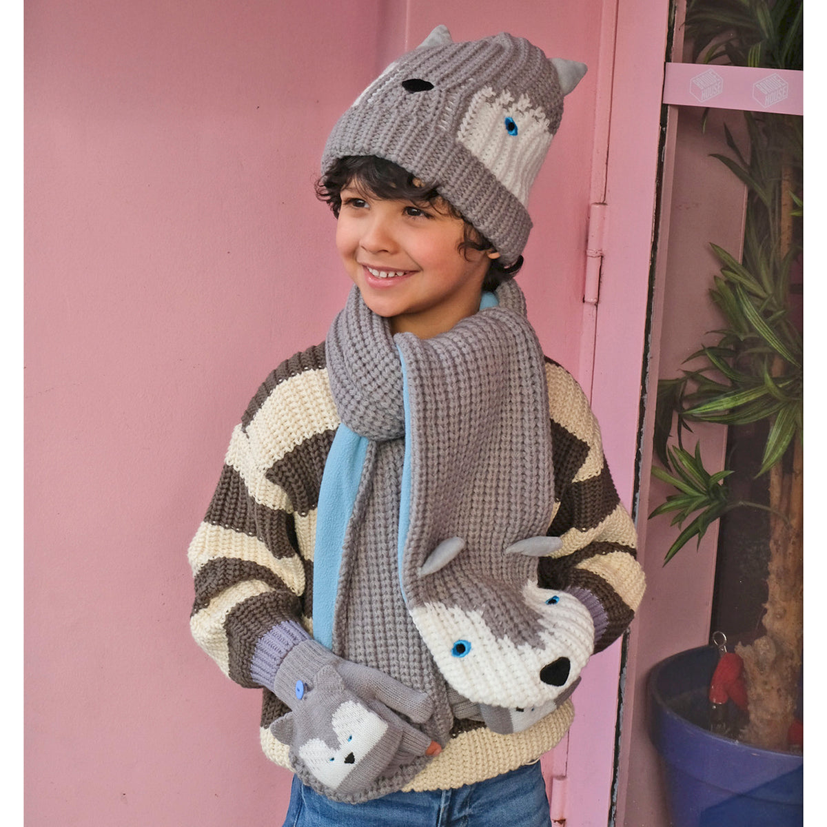 Grey knit hat and gloves with husky face design by Rockahula worn by child
