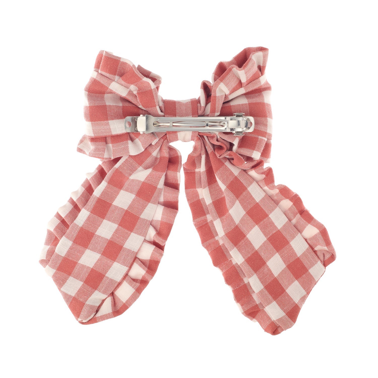 Pink and white gingham bow clip by Rockahula, back view