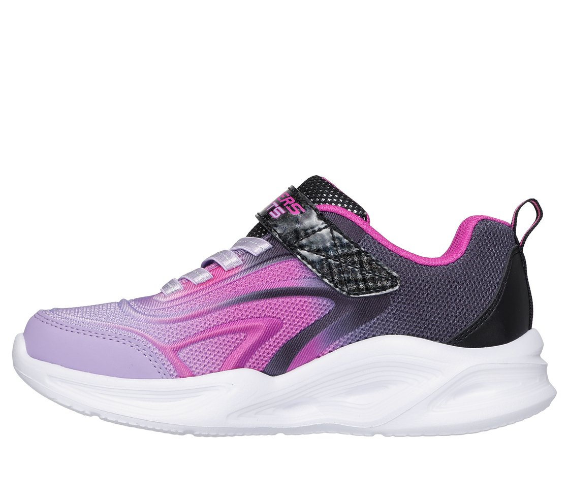 Pink and purple trainer with velcro strap and laces by Skechers. Inside Side view