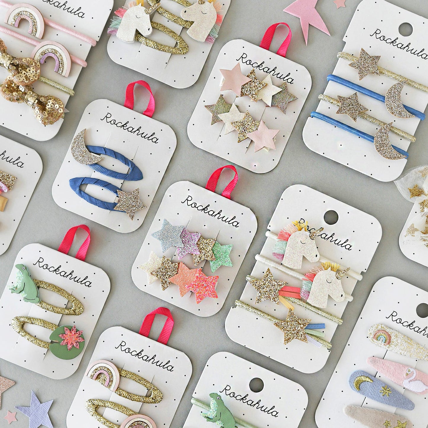 Collection of Rockahula children's hair accessories on display cards.