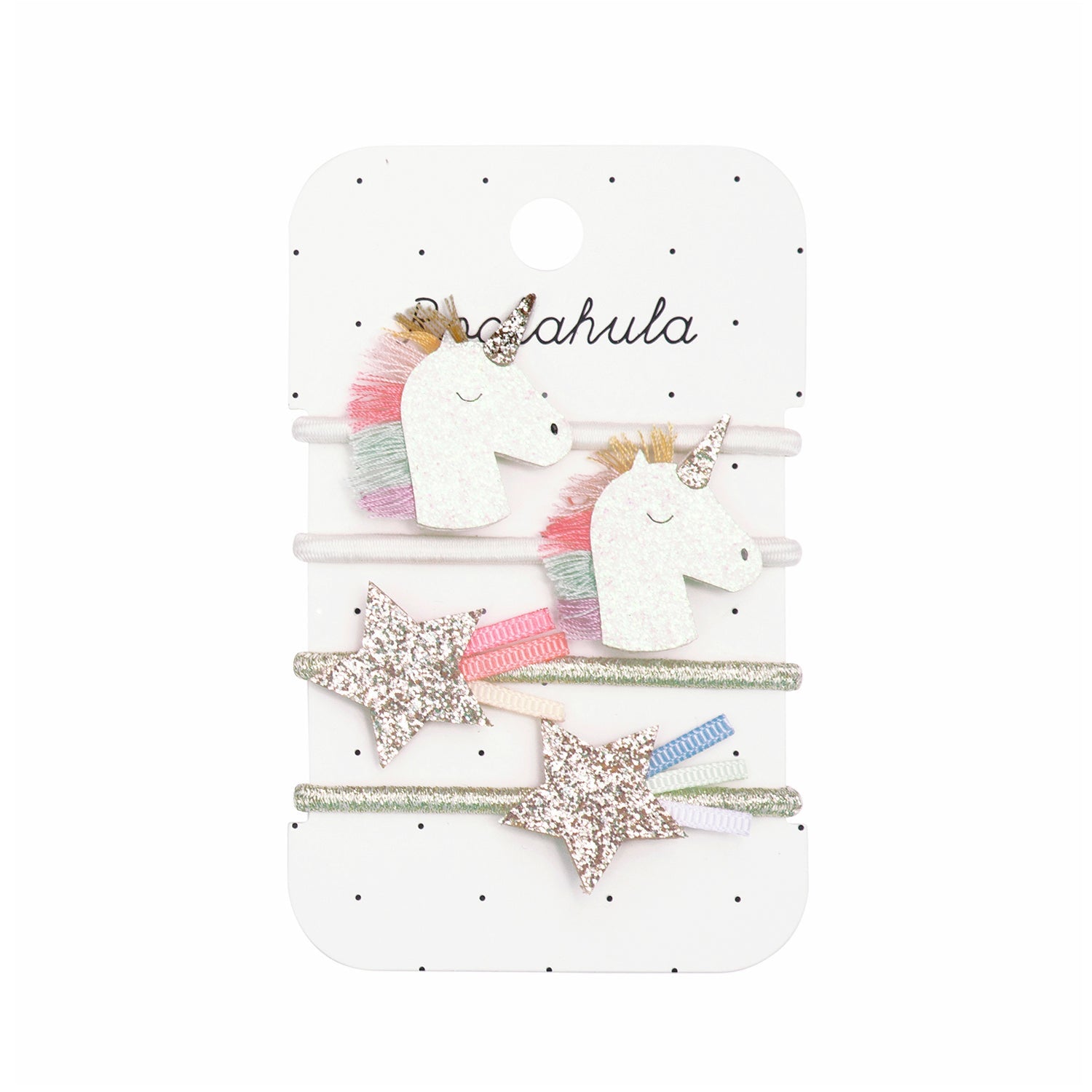 A set of unicorn and star hair bobbles by Rockahula on a white spotty card with logo. 